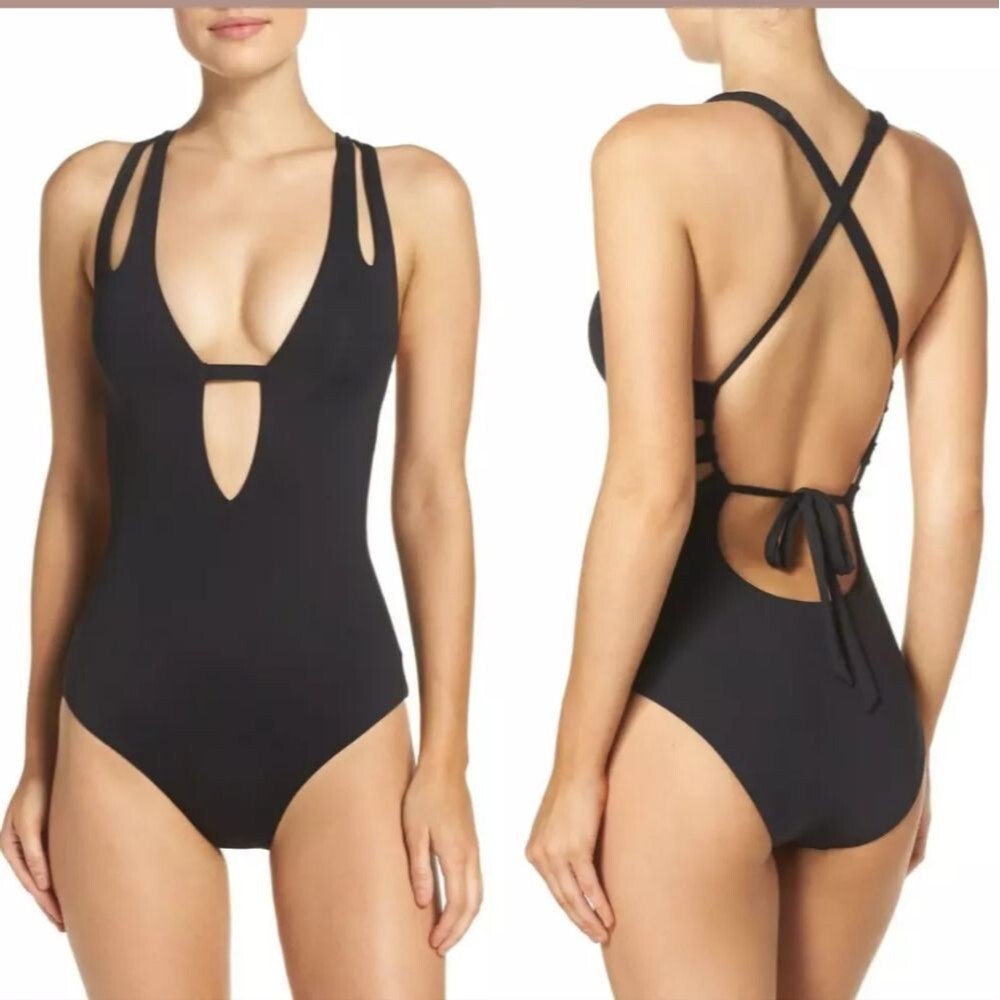 $118 BECCA Plunge NeckSplit Strap Tie Open Back One-Piece Swimsuit Black S Small